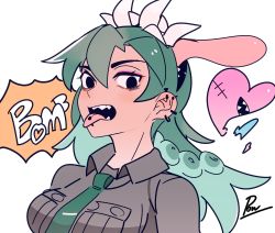 Rule 34 | 1girl, ear piercing, eyeshadow, fukua (skullgirls), green hair, highres, makeup, necktie, open mouth, piercing, pow3776, sharp teeth, skullgirls, solo, teeth, tongue, tongue out, tongue piercing, upper body, white background