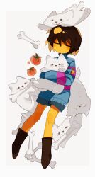 Rule 34 | 1other, = =, androgynous, animal, animal hug, annoying dog, black footwear, blue shorts, blue sweater, bone, boots, child, chinese commentary, colored skin, commentary request, crossed arms, facing viewer, floating, floating object, food, frisk (undertale), fruit, full body, highres, holding, holding animal, knee boots, long sleeves, mandarin orange, maochong48580, no mouth, other focus, shorts, simple background, sweater, tomato, turtleneck, turtleneck sweater, undertale, white background, yellow skin