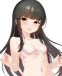 Rule 34 | 1girl, black hair, blunt bangs, blush, bra, breasts, hatsuyuki (kancolle), hime cut, kantai collection, long hair, looking at viewer, parted lips, pink bra, pink nails, red eyes, sakieko, simple background, small breasts, solo, underwear, underwear only, upper body, very long hair, white background