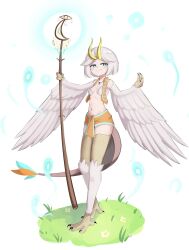 Rule 34 | 1girl, bird legs, blush, breasts, claws, commentary, english commentary, feathered wings, flower-shaped pupils, glowing staff, grass, green eyes, grey hair, grey wings, harpy, highres, holding, holding staff, horns, monster girl, navel, orange vest, original, revealing clothes, short hair, sifserf, small breasts, smile, solo, staff, standing, symbol-shaped pupils, tail, talons, vest, white background, winged arms, wings