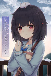 Rule 34 | 1girl, 2021, animal, animal on head, black hair, black skirt, blue bow, blue bowtie, blue jacket, blue sailor collar, blue sky, bow, bowtie, closed mouth, cloud, commentary, day, english commentary, fence, food, granblue fantasy, happy new year, highres, holding, holding food, jacket, linez, looking at viewer, mochi, mouse (animal), new year, on head, open clothes, open jacket, outdoors, pleated skirt, red eyes, revision, sailor collar, shirt, skirt, sky, smile, snow, solo, vikala (granblue fantasy), white shirt