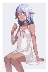 Rule 34 | 1girl, arm ribbon, bandaged arm, bandages, bandaid, bandaid on knee, bandaid on leg, bare arms, bare legs, bare shoulders, braid, choker, crying, crying with eyes open, dark-skinned female, dark skin, dress, elf, feet out of frame, grey background, grey hair, hair between eyes, hand up, long hair, looking at viewer, original, parted lips, pink ribbon, pointy ears, ribbon, saiste, simple background, sitting, sleeveless, sleeveless dress, solo, tears, twin braids, white choker, white dress, yellow eyes