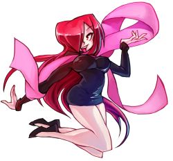 Rule 34 | 1girl, bare legs, breasts, dress, flats, full body, hair over one eye, jumping, large breasts, long hair, parasoul (skullgirls), pink ribbon, red eyes, red hair, ribbon, rtil, scarf, short dress, simple background, skullgirls, solo, sweater, sweater dress, very long hair, white background