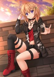 Rule 34 | &gt;:), 1girl, bang dream!, belt, belt buckle, black belt, black choker, black jacket, black shorts, black thighhighs, blurry, blurry background, blush, boots, breasts, brick wall, buckle, choker, cleavage, closed mouth, cloud, cloudy sky, collarbone, commentary, cosplay, crop top, cross-laced footwear, depth of field, dutch angle, earrings, fingernails, glint, gochuumon wa usagi desu ka?, hair between eyes, hair ornament, hairclip, hand up, head tilt, highres, hoop earrings, hoto cocoa, jacket, jewelry, kazenokaze, knee up, lace-up boots, light brown hair, long hair, long sleeves, m/, medium breasts, midriff, mitake ran, mitake ran (cosplay), navel, open clothes, open jacket, outdoors, pendant, purple eyes, red footwear, short shorts, shorts, single thighhigh, sky, smile, solo, sunset, thigh strap, thighhighs, v-shaped eyebrows