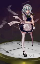 Rule 34 | 1girl, bad id, bad pixiv id, blue eyes, braid, clock, female focus, gradient background, izayoi sakuya, kame, knife, light smile, maid, ribbon, short hair, silver hair, solo, stairs, thighhighs, throwing knife, touhou, twin braids, weapon, white thighhighs