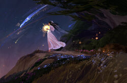 Rule 34 | 1girl, barefoot, black hair, commentary, dress, english commentary, glowing, grass, highres, holding orb, jacki li, long hair, night, night sky, original, outdoors, scenery, shooting star, sky, solo, standing, star (sky), star (symbol), starry sky, veil, white dress, wide shot