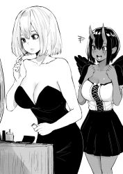 Rule 34 | +++, 2girls, applying makeup, aunt setsuko, bare shoulders, blush, breasts, cleavage, commentary, commission, cowboy shot, dark-skinned female, dark skin, dress, echo: my daily life!, echo (echo: my daily life!), english commentary, greyscale, happy, horns, legs together, looking at another, medium breasts, miniskirt, monochrome, multiple girls, no bra, norman maggot, oni, oni horns, short hair, simple background, skirt, standing, strapless, strapless dress, tagme, white background, wings
