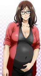 Rule 34 | 1girl, absurdres, artist name, big belly, borrowed character, breasts, brown hair, cardigan, checkered background, cleavage, collarbone, glasses, grey eyes, hand on own stomach, highres, large breasts, looking at viewer, original, pregnant, red cardigan, sado art, smile, solo, white background