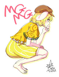 Rule 34 | 1girl, animal ears, barefoot, blonde hair, brown hat, cabbie hat, commentary request, dango, eating, floppy ears, food, from side, full body, hat, highres, holding, holding food, mg mg, orange shirt, partial commentary, rabbit ears, ringo (touhou), shirt, short hair, short sleeves, shorts, signature, simple background, solo, squatting, striped clothes, striped shorts, touhou, umigarasu (kitsune1963), wagashi, white background, yellow eyes, yellow shorts