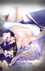 Rule 34 | 1girl, absurdres, blush, breasts, hair between eyes, hand up, highres, horns, japanese clothes, kimono, kisaragi chiyuki, light censor, long hair, long sleeves, looking at viewer, lying, medium breasts, mole, mole under mouth, naked kimono, nijisanji, on back, oni, open clothes, open kimono, pointy ears, purple eyes, purple hair, rindou mikoto, skin-covered horns, sleeves past wrists, smile, solo, thick eyebrows, virtual youtuber, wide sleeves