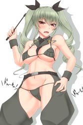 Rule 34 | 10s, 1girl, akitsuki karasu, anchovy (girls und panzer), bare arms, bare shoulders, bikini, blush, breasts, cameltoe, chaps, cleavage, detached collar, female focus, girls und panzer, gluteal fold, grey hair, hair ribbon, highres, large breasts, long hair, looking at viewer, micro bikini, navel, open mouth, red eyes, ribbon, riding crop, solo, swimsuit, twintails, underboob, very long hair, wrist cuffs