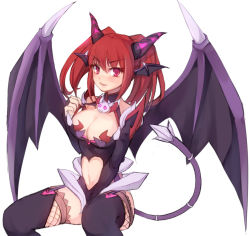 Rule 34 | 1girl, arm warmers, bat wings, black thighhighs, breasts, cleavage, demon girl, demon wings, elsword, head wings, horns, karis (elsword), large breasts, long hair, meshi a, nail polish, red eyes, red hair, sitting, smile, solo, strap pull, tail, thighhighs, twintails, white background, wings