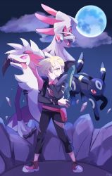 Rule 34 | 1boy, artist name, bad id, bad twitter id, bag, black pants, black shirt, blonde hair, bracelet, cloud, colored sclera, creatures (company), fangs, full body, game freak, gen 2 pokemon, gen 7 pokemon, gladion (pokemon), glint, green eyes, hand up, heterochromia, highres, hood, hoodie, jewelry, jpeg artifacts, legendary pokemon, legs apart, looking at viewer, lycanroc, lycanroc (midnight), male focus, mei (maysroom), moon, night, night sky, nintendo, open mouth, outdoors, pants, pink eyes, pink sclera, pokemon, pokemon (anime), pokemon (creature), pokemon sm, pokemon sm (anime), red eyes, red footwear, red sclera, shirt, shoes, short hair, signature, silvally, sky, smile, standing, tongue, tongue out, torn clothes, torn pants, torn shirt, umbreon, z-ring