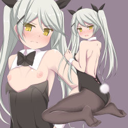 Rule 34 | 1girl, absurdres, bare shoulders, black bow, black bowtie, black leotard, black pantyhose, blush, bow, bowtie, detached collar, flat chest, gabriella talinska, godharo1, green hair, hair between eyes, hair ornament, hand on own hip, highres, kakuchou shoujo-kei trinary, leotard, leotard pull, long hair, looking at viewer, multiple views, nipples, nose blush, open mouth, pantyhose, playboy bunny, rabbit tail, simple background, sitting, tail, twintails, wing collar, wrist cuffs, x hair ornament, yellow eyes