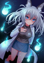 Rule 34 | 1girl, :3, alternate costume, animal ear fluff, animal ears, arm at side, blue eyes, blue skirt, breasts, commentary request, dark background, doctor, dutch angle, feet out of frame, film grain, fox ears, fox girl, grey hair, grey shirt, hair between eyes, hand on own chest, highres, hitodama, inari iroha, lab coat, long hair, long sleeves, looking at viewer, medium breasts, no tail, noripro, pencil skirt, shaded face, shirt, skirt, slippers, smile, solo, spector (spector koubou), stethoscope, twintails, virtual youtuber, walking