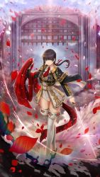 Rule 34 | 1girl, asymmetrical hair, black hair, blue eyes, blush, braid, cape, capelet, character request, closed mouth, cropped jacket, floral print, full body, hair ribbon, highres, holding, holding sword, holding weapon, long hair, long sleeves, looking at viewer, matador, mhg (hellma), petals, rapier, red neckwear, ribbon, rose petals, rose print, solo, standing, sword, thighhighs, tree of savior, weapon, white thighhighs