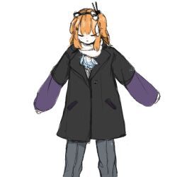 Rule 34 | 1girl, a.i. voice, adachi rei, alternate costume, black coat, blush, closed eyes, coat, commentary request, facing viewer, fashion, grey pants, hair ribbon, hakoko shitagokoro, headlamp, highres, long sleeves, medium hair, one side up, open mouth, orange hair, pants, purple sleeves, radio antenna, ribbon, scarf, simple background, solo, standing, utau, white background, white ribbon, white scarf