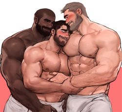 Rule 34 | 3boys, abs, bara, beard, biceps, black hair, blush, buzz cut, dark-skinned male, dark skin, dopey (dopq), closed eyes, facial hair, feet out of frame, grey hair, hairy, highres, hug, large pectorals, male focus, manly, mature male, multiple boys, muscular, muscular male, nipples, original, pectorals, red background, short hair, simple background, smile, thick arms, thick eyebrows, towel, towel around waist, veins, veiny arms, very short hair, white background, yaoi