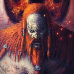 Rule 34 | 1boy, artist name, beard, braid, braided beard, commentary, elden ring, embers, english commentary, extra pupils, eyeball, facial hair, fire giant (elden ring), giant, gingerbread, highres, jordirapture, long beard, long hair, no pupils, red hair, solo, topless, topless male