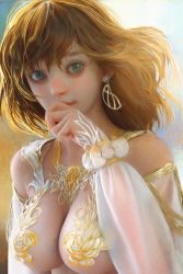 Rule 34 | 1girl, bare shoulders, blue eyes, breasts, brown hair, cleavage, detached sleeves, earrings, floating hair, hand to own mouth, hand up, highres, jewelry, light smile, lips, long sleeves, looking at viewer, medium breasts, medium hair, original, photorealistic, realistic, ryan tien, see-through, solo, upper body