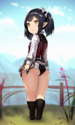 Rule 34 | 1girl, ass, black footwear, black hair, black panties, blurry, blurry background, boots, depth of field, final fantasy, final fantasy xiv, flower, flower request, from behind, gradient background, hair flower, hair ornament, hair ribbon, highres, houtengeki, kneepits, lalafell, long sleeves, looking at viewer, looking back, medium hair, panties, pointy ears, ribbon, solo, thick thighs, thighs, twintails, underwear, white background, white ribbon, yellow eyes