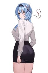 Rule 34 | 1girl, ?, absurdres, ass, black hairband, black skirt, blue hair, breasts, commentary, cowboy shot, eula (genshin impact), genshin impact, grey eyes, hair ornament, hairband, highres, kyogree, large breasts, long hair, long sleeves, looking at viewer, pencil skirt, shirt, skirt, solo, spoken question mark, standing, white shirt