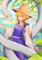 Rule 34 | 1girl, absurdres, adapted costume, blonde hair, breasts, closed mouth, day, expressionless, hair between eyes, hands up, hat, highres, lily pad, looking at viewer, medium hair, mishaguji, moriya suwako, outdoors, purple skirt, purple vest, skirt, skirt set, sleeves past elbows, small breasts, snake, solo, touhou, turtleneck, vest, wading, water, white snake, wide sleeves, yellow eyes, yongzhe mei hong