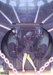 Rule 34 | 1girl, alternate costume, bare shoulders, bat wings, blue hair, candle, chain, character name, cross, dress, female focus, greek text, high heels, highres, jewelry, legs, long legs, madyy, necklace, off shoulder, pointy ears, ranguage, red eyes, remilia scarlet, shoes, short hair, sitting, skirt, skull, skull necklace, solo, strap slip, thighs, touhou, white skirt, wings