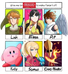 ahoge angel angel_wings black_hair blonde_hair blue_eyes blush_stickers brown_hair creatures_(company) elesa_(pokemon) game_freak garo_master highres holding holding_poke_ball jokobart kid_icarus kirby kirby_(series) laurel_crown link majima_goro master_sword metroid metroid_dread multiple_drawing_challenge nintendo pit_(kid_icarus) pointy_ears poke_ball poke_ball_(basic) pokemon pokemon_bw2 samus_aran six_fanarts_challenge the_legend_of_zelda the_legend_of_zelda:_majora&#039;s_mask wings