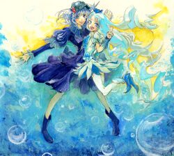 Rule 34 | 2girls, aqua hair, blue dress, blue eyes, blue footwear, blue hair, blue headwear, blue theme, boots, bubble, commentary request, crossover, cure marine, dress, flat cap, frilled sleeves, frills, full body, hair bobbles, hair ornament, hat, inulin, kawashiro nitori, long hair, long sleeves, looking at viewer, magical girl, medium hair, multicolored background, multiple girls, open mouth, precure, puffy short sleeves, puffy sleeves, rubber boots, short sleeves, teeth, thighhighs, touhou, v, very long hair, white thighhighs, yellow background