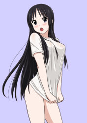 Rule 34 | 00s, 1girl, akiyama mio, black hair, blush, bottomless, breasts, clothes pull, covered erect nipples, embarrassed, k-on!, long hair, looking at viewer, medium breasts, naked shirt, no bra, no panties, open mouth, purple background, purple eyes, see-through, shirt, shirt pull, shirt tug, simple background, solo, standing, tsukkun