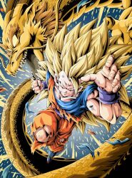 Rule 34 | 1boy, biceps, blonde hair, blue background, blue footwear, blue sash, blue shirt, blue wristband, boots, charging forward, clenched hand, closed mouth, collarbone, commentary request, dougi, dragon, dragon ball, dragon fist, dragonball z, energy, full body, green eyes, hand up, incoming attack, long hair, looking at viewer, male focus, muscular, muscular male, no eyebrows, open mouth, sash, scratches, serious, sharp teeth, shirt, son goku, spiked hair, super saiyan, super saiyan 3, teeth, torn clothes, v-shaped eyebrows, wristband, youngjijii