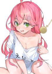 Rule 34 | 1girl, @ @, absurdres, ahoge, bare shoulders, breasts, cleavage, clothes pull, clothes writing, commentary request, eru (l illust45), green eyes, hair ornament, hairclip, highres, hololive, hypnosis, leaning forward, long hair, mind control, no bra, no pants, off shoulder, open mouth, pendulum, pink hair, pocket watch, pulled by self, sakura miko, shirt, shirt pull, solo, thighs, virtual youtuber, watch, white shirt