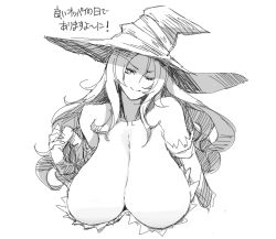 Rule 34 | 1girl, bare shoulders, breasts, cleavage, dragon&#039;s crown, gigantic breasts, greyscale, hanging breasts, hat, huge breasts, long hair, looking at viewer, monochrome, one eye closed, sagging breasts, simple background, solo, sorceress (dragon&#039;s crown), translation request, white background, whoosaku, wink, witch hat