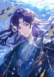 Rule 34 | 1boy, air bubble, blue eyes, blue robe, bubble, chinese clothes, circlet, clarence clayden, closed mouth, curtained hair, fish, gold trim, hanfu, long hair, looking at viewer, lovebrush chronicles, male focus, mole, mole under eye, parted bangs, purple hair, robe, smile, solo, underwater, upper body, wing hair ornament, xuedaixun