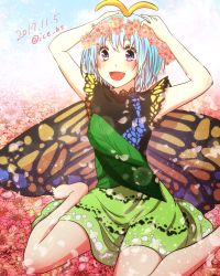 Rule 34 | 1girl, antennae, aqua hair, barefoot, blush, butterfly wings, dated, dress, eternity larva, fairy, flower, green dress, hair between eyes, hair flower, hair ornament, highres, ice (aitsugai), insect wings, multicolored clothes, multicolored dress, open mouth, petals, pink flower, purple eyes, short hair, short sleeves, single strap, sitting, smile, solo, touhou, twitter username, wariza, wings