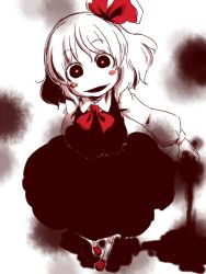 Rule 34 | 1girl, :d, ascot, blush stickers, crazy eyes, creepy, dress, hair ribbon, horror (theme), looking at viewer, open mouth, red eyes, red footwear, ribbon, rumia, shoes, short hair, smile, socks, solo, sonson (eleven), touhou