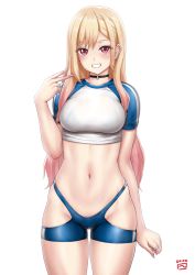 Rule 34 | 1girl, artist logo, barbell piercing, black choker, blonde hair, blue sleeves, blush, bralines, breasts, choker, collarbone, colored tips, commentary request, cowboy shot, crop top, cropped shirt, ear piercing, fake nails, finalcake, gradient hair, grin, groin, hair between eyes, hand up, highres, industrial piercing, jewelry, kitagawa marin, long hair, looking at viewer, medium breasts, multicolored hair, nail polish, navel, piercing, pink nails, red hair, ring, see-through, shirt, short sleeves, sidelocks, simple background, skindentation, smile, solo, sono bisque doll wa koi wo suru, standing, stomach, swept bangs, t-back spats, teeth, v, white background, white shirt
