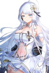 Rule 34 | 1girl, ahoge, azur lane, black bow, blue eyes, bow, breasts, cleavage, clothing cutout, covered navel, dress, elbow gloves, gloves, hair ornament, highres, idol, illustrious (azur lane), illustrious (muse) (azur lane), large breasts, light smile, long hair, looking at viewer, low tied hair, official alternate costume, sankyo (821-scoville), see-through, short dress, simple background, smug, solo, strapless, strapless dress, underboob cutout, very long hair, white background, white gloves, white hair