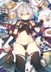 Rule 34 | 1girl, bandaged arm, bandages, bird, black panties, black thighhighs, breasts, crow, dagger, facial scar, fate/apocrypha, fate/grand order, fate (series), flower, gloves, gluteal fold, green eyes, hair between eyes, jack the ripper (fate/apocrypha), knife, lantern, lowleg, lowleg panties, lying, on back, panties, rose, scar, scar across eye, scar on cheek, scar on face, short hair, shoulder tattoo, silver hair, single glove, skull, small breasts, solo, sune (mugendai), tattoo, thighhighs, underwear, weapon, white flower, white rose