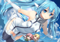 Rule 34 | 3girls, :d, android, angel wings, astraea (sora no otoshimono), black legwear, blonde hair, blue eyes, blue hair, blue sky, boots, breasts, building, chain, chibi, cloud, collar, day, flying, food, frown, fruit, garter straps, gloves, highres, ikaros, imoto katsuyuki, knee boots, long hair, looking at viewer, multiple girls, nymph (sora no otoshimono), open mouth, outdoors, outstretched arms, red eyes, robot ears, side slit, sky, sleeveless, smile, solo focus, sora no otoshimono, spread arms, taut clothes, thighhighs, twintails, very long hair, watermelon, white footwear, white gloves, wings