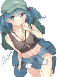 Rule 34 | 1girl, backpack, bad id, bad pixiv id, bag, black shirt, blue eyes, blue hair, blush, breasts, cleavage, clothes around waist, collarbone, dated, green hat, hair bobbles, hair ornament, hat, highres, jacket, jacket around waist, kandou (rkdehd5120), kawashiro nitori, key, looking at viewer, medium breasts, midriff, shirt, short hair, signature, solo, touhou, two side up