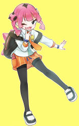 Rule 34 | 1girl, 2024, backpack, bag, black bag, blue wristband, clothes, coral (pokemon), eyebrows through hair, eyes visible through hair, fang, fully clothed female, long sleeves, looking at viewer, one eye closed, open mouth, orange shorts, pink eyebrows, pink hair, pink nails, shirt, shorts, simple background, standing, teeth, white shirt, yellow background