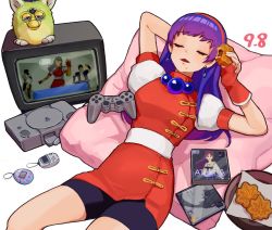 Rule 34 | 1girl, asamiya athena, blush, breasts, closed eyes, dated, fingerless gloves, game console, gloves, hair ornament, hairband, jewelry, long hair, oni gini, playstation 1, psycho soldier, purple hair, red hairband, simple background, skirt, sleeping, smile, solo, star (symbol), star hair ornament, the king of fighters