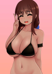 Rule 34 | 1girl, absurdres, armband, arms behind back, bikini, bikini top only, black bikini, blush, breasts, brown hair, closed eyes, collarbone, dark-skinned female, dark skin, highres, large breasts, navel, open mouth, original, ponytail, scrunchie, simple background, skindentation, solo, sweatdrop, swimsuit, the only shoe, v