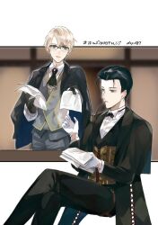 Rule 34 | 2boys, ascot, black ascot, black coat, black gloves, black hair, black pants, blonde hair, bow, bowtie, brooch, coat, collared shirt, fate/grand order, fate (series), formal, glasses, gloves, green eyes, grey pants, grey vest, hair slicked back, holding, holding paper, jacket, jacket on shoulders, jekyll and hyde (fate), jewelry, long sleeves, multiple boys, pants, paper, pipe in mouth, sherlock holmes (fate), shirt, sitting, smoking pipe, standing, suit, vest, white gloves, white shirt, yoczkw