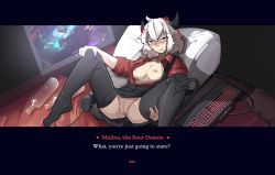 Rule 34 | 1girl, absurdres, alcohol, bare pectorals, black horns, black skirt, black tail, black thighhighs, black vest, blush, breasts, computer, demon girl, demon horns, demon tail, english text, fake screenshot, female focus, helltaker, highres, horns, keyboard (computer), lying, malina (helltaker), medium breasts, medium hair, monitor, monster girl, mouse (computer), nipples, no bra, no panties, official style, on back, open clothes, open shirt, pectorals, presenting, pussy, red eyes, red shirt, shirt, short hair, shuuko (s h uuko), skirt, sleeves rolled up, small breasts, solo, spread legs, tail, thighhighs, vest, vodka, white hair, xcom 2