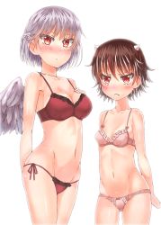 Rule 34 | 2girls, angel wings, arm behind back, arms behind back, bad id, bad pixiv id, black hair, blush, bow, bow bra, bow panties, bra, braid, breasts, cleavage, collarbone, colored eyelashes, cone horns, cowboy shot, expressionless, fang, fang out, feathered wings, french braid, frown, hand on own chest, highres, hip focus, horns, kijin seija, kishin sagume, maroon bra, maroon panties, multicolored hair, multiple girls, navel, neck, panties, pink bra, pink panties, re-ka, red eyes, red hair, ribbon-trimmed bra, ribbon-trimmed panties, short hair, simple background, single wing, slit pupils, small breasts, stomach, streaked hair, string panties, touhou, underwear, underwear only, v-shaped eyebrows, white background, white hair, wings
