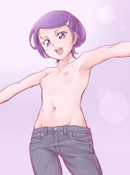Rule 34 | 1girl, armpits, breasts, denim, dokidoki! precure, groin, hair ornament, hairclip, highres, jeans, kenzaki makoto, matching hair/eyes, navel, nipples, ogry ching, open mouth, outstretched arms, pants, precure, purple eyes, purple hair, short hair, small breasts, solo, standing, tomboy, topless