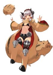 Rule 34 | 1girl, :d, animal costume, bikini, bikini top only, blackball, blunt bangs, blush, breasts, full body, grey hair, hair ornament, hands up, horns, long sleeves, looking at viewer, medium breasts, midriff, navel, open mouth, original, pig, pig costume, red eyes, salute, short hair, short shorts, shorts, simple background, smile, solo, standing, stomach, swimsuit, teeth, thighhighs, vulcan salute, white background